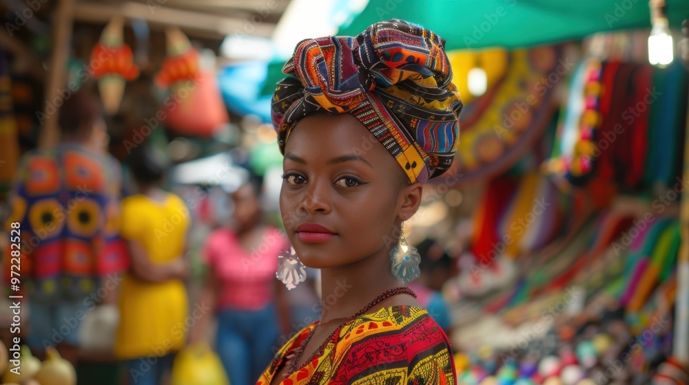 Confident fashion - forward Black woman in a vibrant marketplace Confident fashion - forward Black woman in a vibrant marketplace