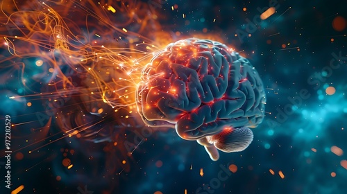 Wallpaper Mural A human brain depicted in a semi-transparent style, with luminous beams of light and sparkling particles emanating from it, symbolizing an explosion of ideas and knowledge spreading into the Torontodigital.ca