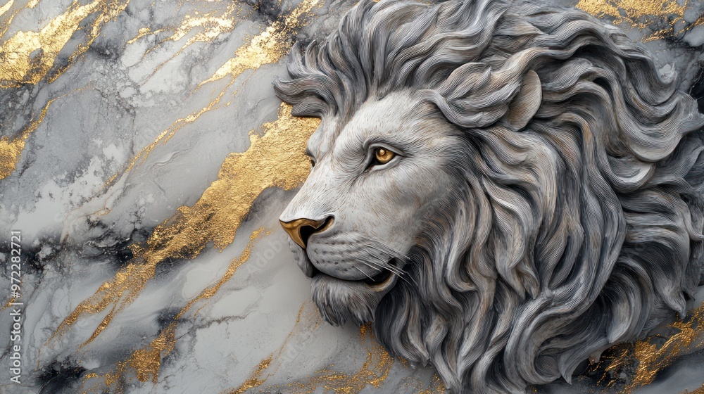 lion's head sculpture in gray and gold tones, showcasing artistry and elegance. lion's head sculpture in gray and gold tones, showcasing artistry and elegance.