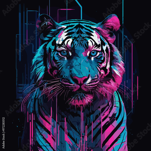 Futuristic tiger portrait with vibrant blue and pink colors on a dark digital background