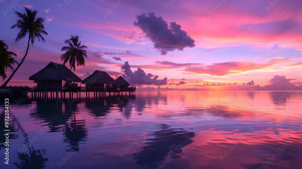 Tropical Sunset Overwater Bungalows Paradise Island Tropical Sunset Overwater Bungalows Paradise Island