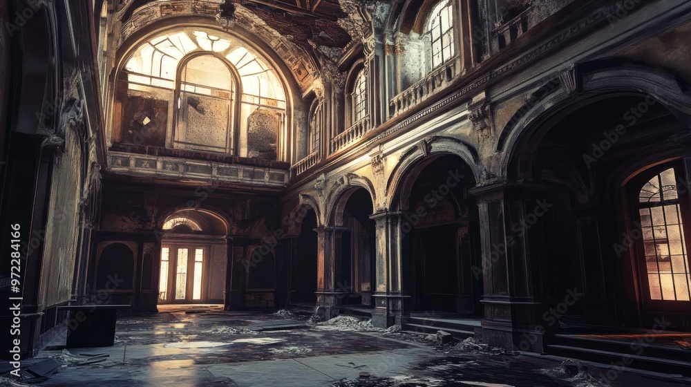 A grand, dilapidated interior of an abandoned building with light streaming through windows. A grand, dilapidated interior of an abandoned building with light streaming through windows.