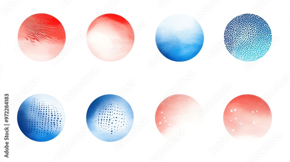 Fototapeta premium A collection of abstract circular patterns in red, white, and blue tones, showcasing smooth gradients and textured designs.