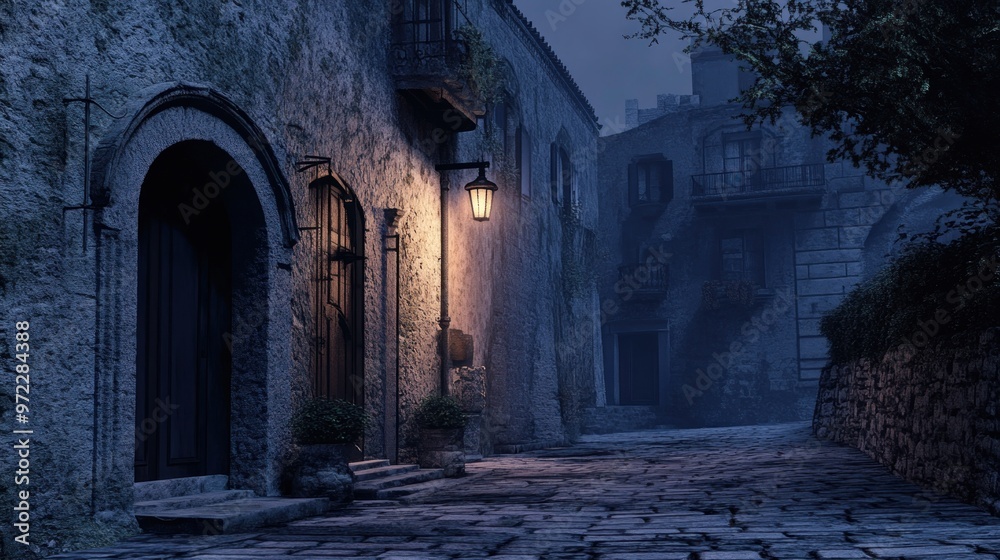 A serene, dimly lit cobblestone street in a quaint village at twilight. A serene, dimly lit cobblestone street in a quaint village at twilight.
