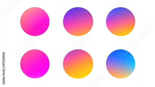 A vibrant collection of six circular color gradients featuring shades of pink, purple, and blue.