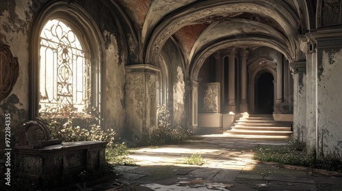 An abandoned, overgrown hallway with intricate architecture and natural light streaming in.