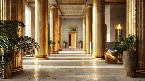 Modern Egyptian office with limestone flooring and columns dotted with gold.