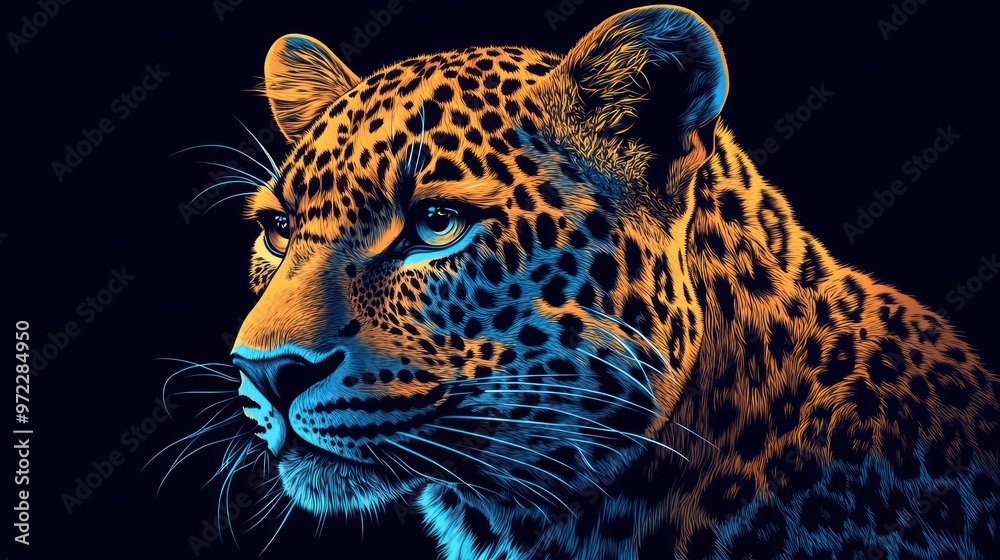 Obraz premium A vibrant and artistic depiction of a leopard's face, showcasing its striking patterns in bold colors.
