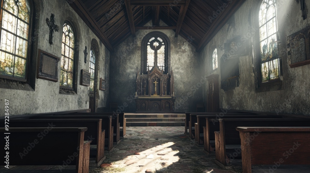 Fototapeta premium A serene interior of a church with wooden pews and an altar illuminated by sunlight.
