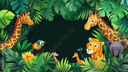 Colorful cartoon jungle scene featuring giraffes, a lion, an elephant, and exotic birds among lush foliage. photo