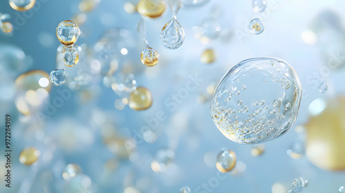 medical-style rendering of hyaluronic acid and collagen serum elements, showing bubbles and drops dissolving into the skin
