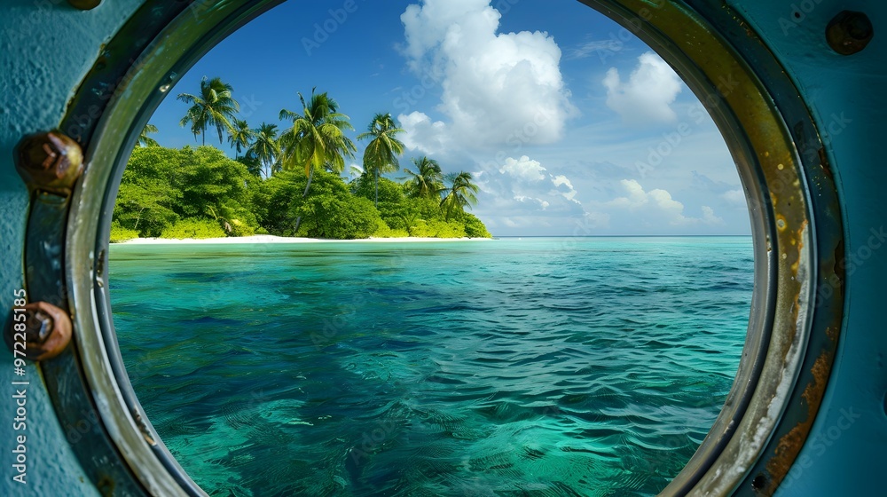 Fototapeta premium Tropical Island Paradise View Through Porthole