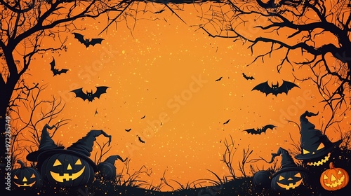 Halloween background with black silhouettes of jack-o-lanterns, bats and trees on an orange grunge background. photo