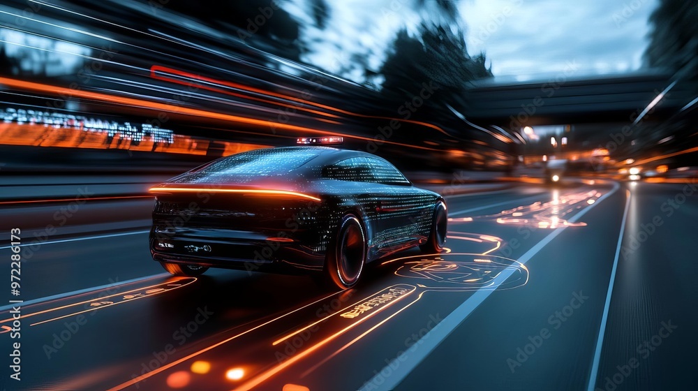 An AI-powered self-driving car on a futuristic highway, with glowing paths indicating its route, symbolizing autonomous transportation An AI-powered self-driving car on a futuristic highway, with glowing paths indicating its route, symbolizing autonomous transportation