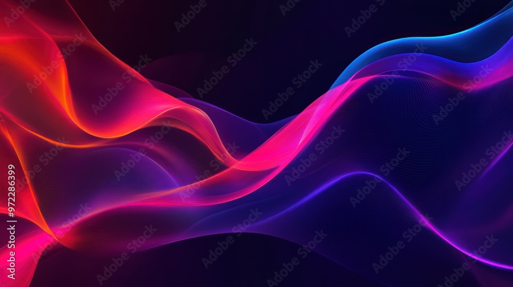 Obraz premium Vibrant abstract waves in bright pink and blue hues flowing gracefully across a dark background.