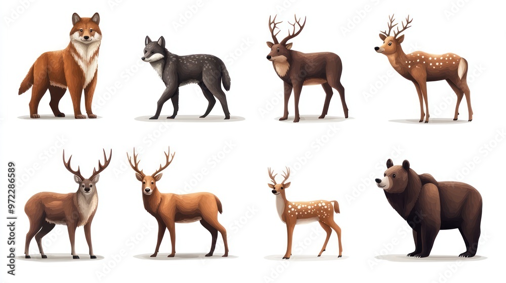 A colorful collection of illustrated woodland animals including a fox, wolf, deer, and bear in a playful, minimalist style.