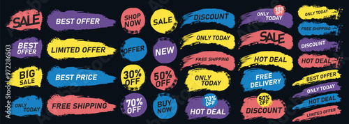 Big set of brush stroke sale, colored stickers and tags banners, ink, sales label. Collection of template suitable for design promotion media. Tags, Sale, Discount, Special Offer. Vector Promotion.