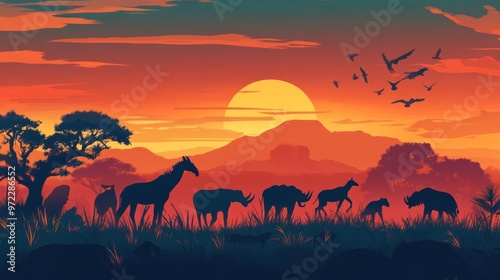 Silhouettes of wildlife at sunset, featuring elephants, giraffes, and birds against a vibrant sky.