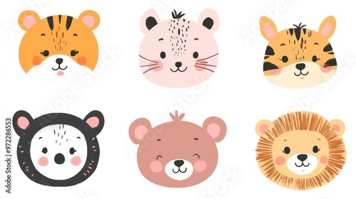 A cheerful collection of cute animal faces featuring a tiger, lion, bear, and more, ideal for children's themes.