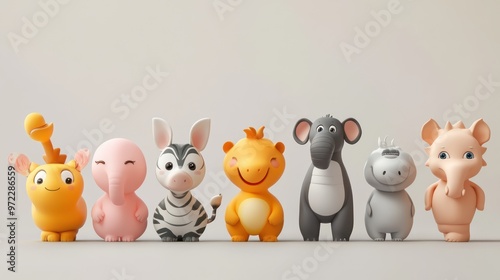 A colorful lineup of cute animal figurines, featuring a giraffe, elephant, zebra, dinosaur, hippo, and pig. photo