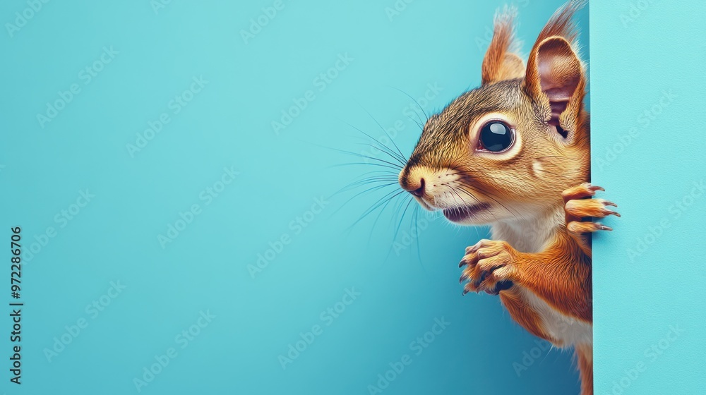 Fototapeta premium A curious red squirrel peeks around a vibrant blue corner, showcasing its bright eyes and bushy tail.