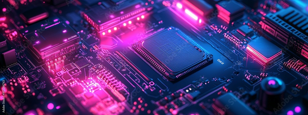 Close-up of a Circuit Board with a Glowing Central Processor