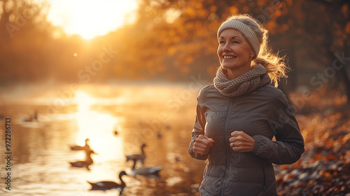 A joyful woman jogging by a serene lake at sunset, surrounded by nature and wildlife, promoting health and outdoor fitness. photo