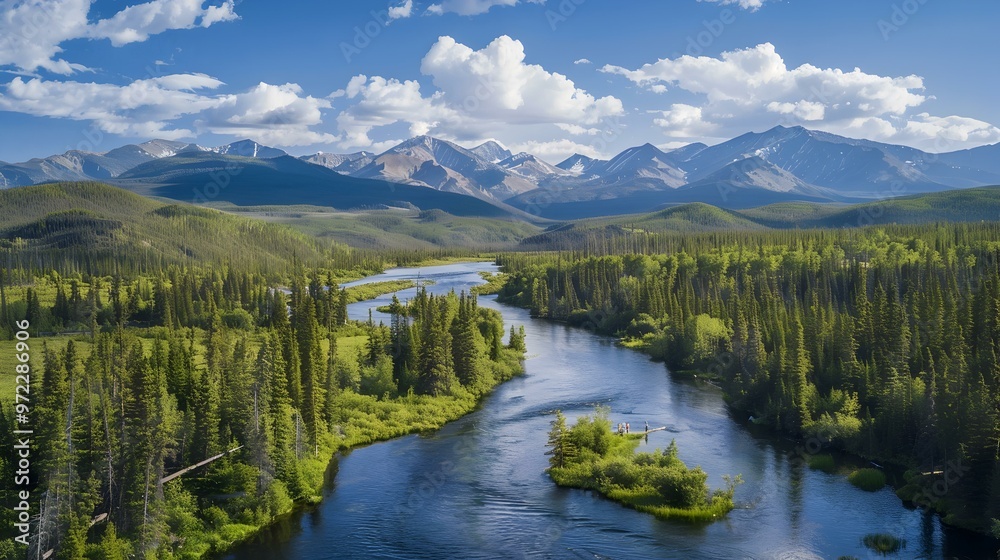 Serene River Winding Through Lush Forest and Majestic Mountains Serene River Winding Through Lush Forest and Majestic Mountains