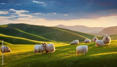 Sheaps on the hills countryside landscape grassland livestock. photo