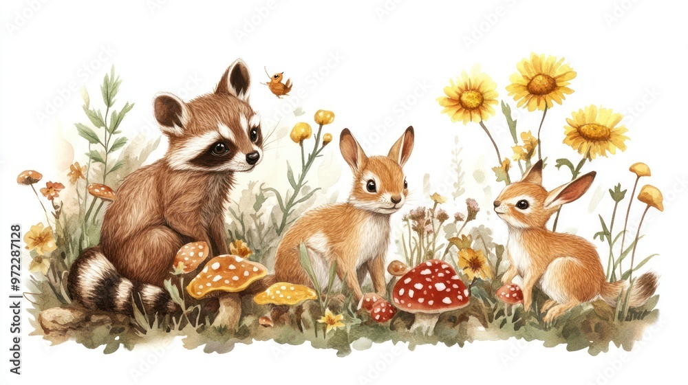 Fototapeta premium Charming woodland scene featuring a raccoon and two rabbits amidst colorful flowers and mushrooms.