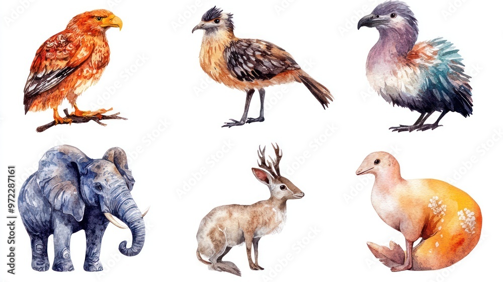 Fototapeta premium A collection of six beautifully illustrated animals, showcasing a variety of species in vibrant watercolor style.