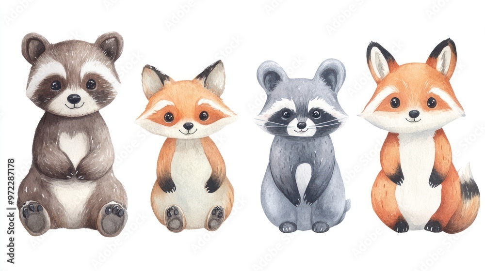 A charming collection of cute forest animals: a raccoon, a fox, and two adorable raccoons, each with a playful expression. A charming collection of cute forest animals: a raccoon, a fox, and two adorable raccoons, each with a playful expression.