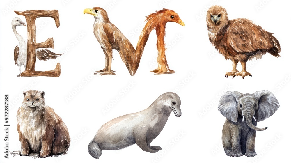 Obraz premium Whimsical watercolor illustrations of animals and letters, featuring an elephant, hawk, and a platypus.