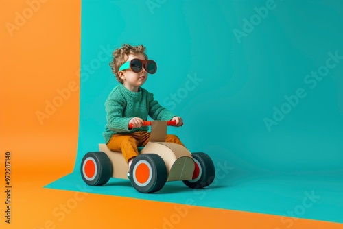 A young boy, wearing stylish sunglasses, is driving a cardboard car with a big smile on his face, showcasing the joy and imagination of childhood.