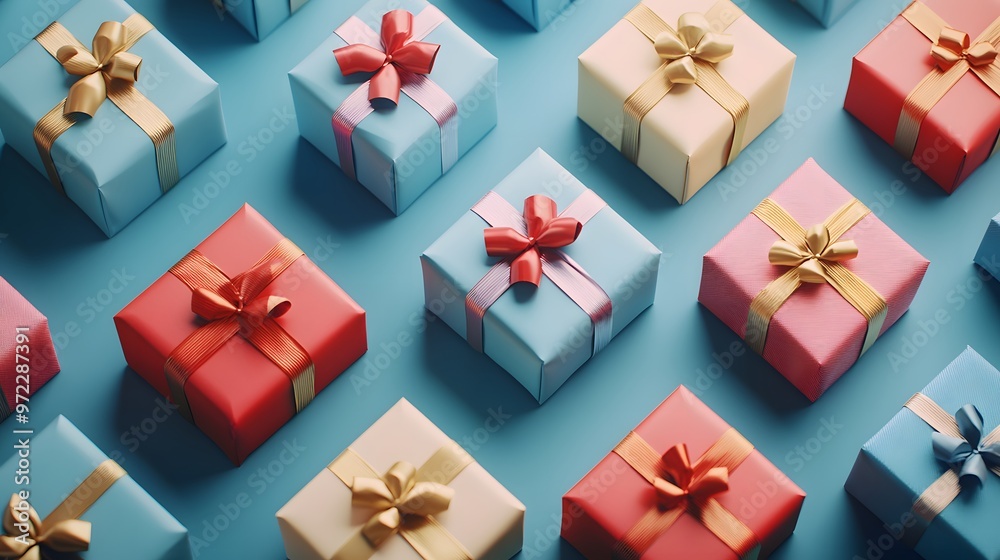 A wall of colorful gift boxes with ribbons on a blue background, top view, flat lay. A wall of colorful gift boxes with ribbons on a blue background, top view, flat lay.