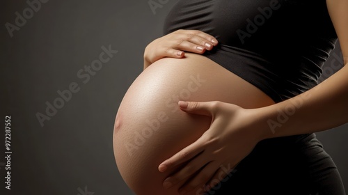 Pregnant woman gently cradling her round belly, creating a serene and intimate atmosphere under soft lighting.