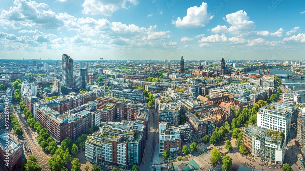 A panoramic aerial view of Hamburg, focusing on the city's skyline filled with high-rise A panoramic aerial view of Hamburg, focusing on the city's skyline filled with high-rise