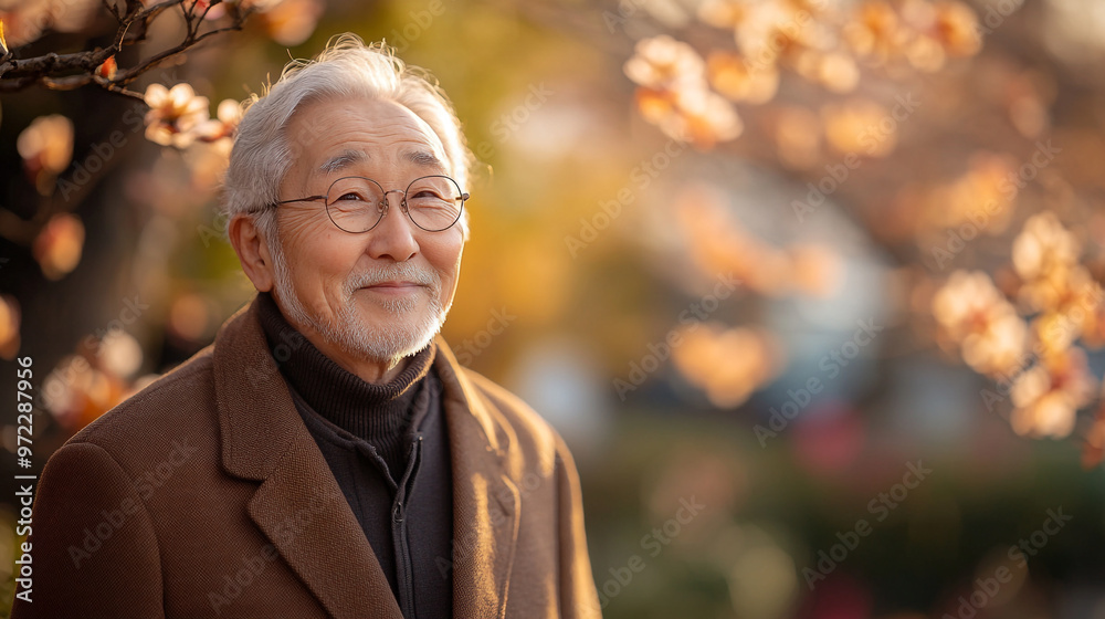 A serene portrait of an elderly man smiling in a beautiful autumn setting with warm leaves and soft sunlight. A serene portrait of an elderly man smiling in a beautiful autumn setting with warm leaves and soft sunlight.
