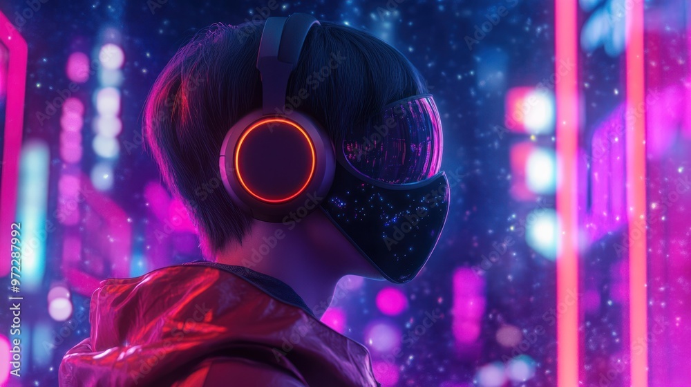 boy wearing headphones and a mask, surrounded by vibrant, colorful lights.