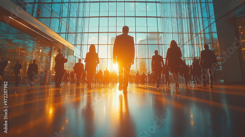 A silhouette of a businessman walking towards a bright sunset in a modern glass building, symbolizing ambition and success.