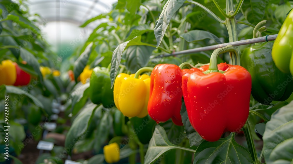 Vibrant Bell Peppers Growing in a Greenhouse