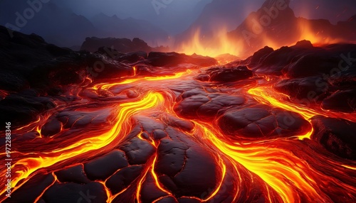 Glowing rivers of lava are flowing through a black volcanic landscape