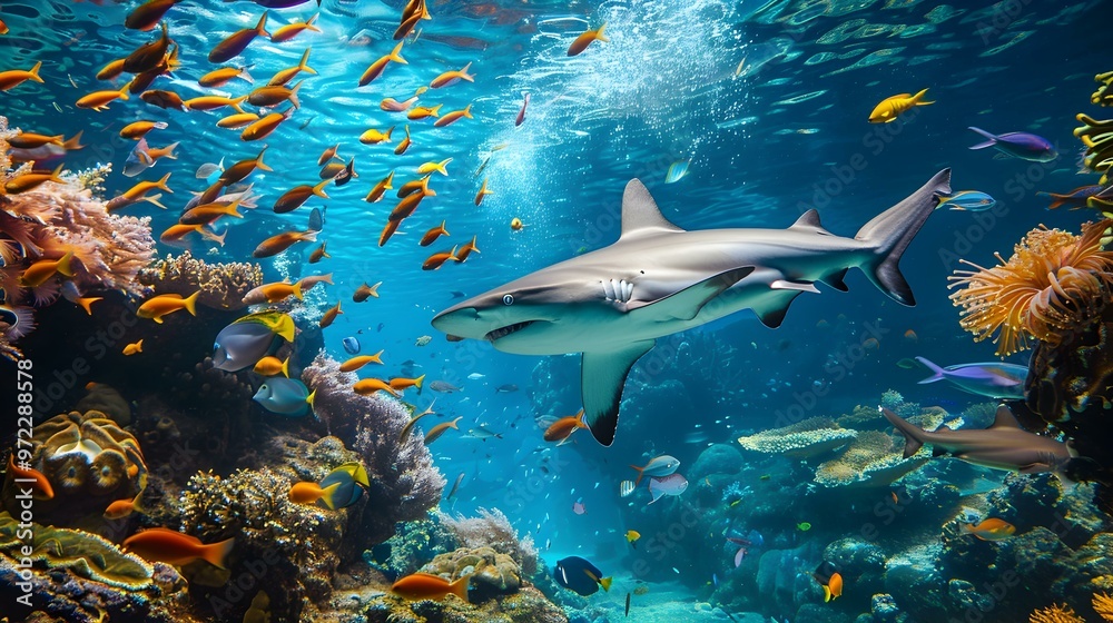 Shark Swimming Through a Vibrant Coral Reef Shark Swimming Through a Vibrant Coral Reef