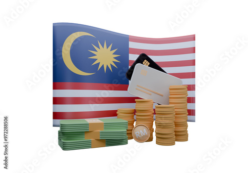 3D render illustration of Malaysia flag and currency called Ringgit photo