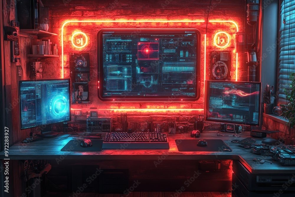 Futuristic gaming setup with dual monitors and neon lighting. Futuristic gaming setup with dual monitors and neon lighting.