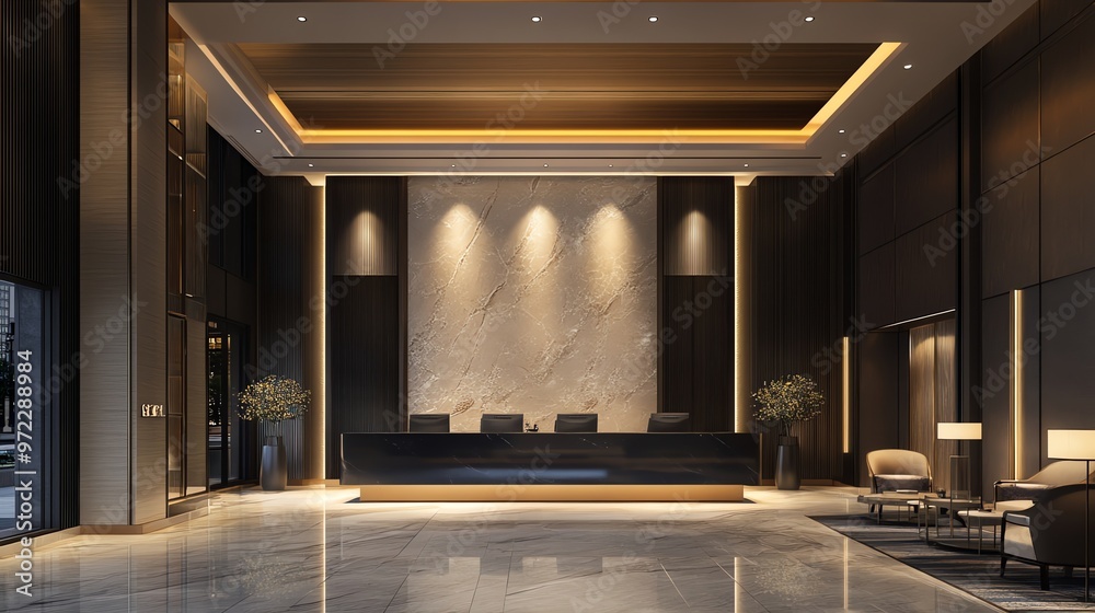 Modern hotel lobby with a sleek reception desk, marble floor, and warm lighting. Modern hotel lobby with a sleek reception desk, marble floor, and warm lighting.