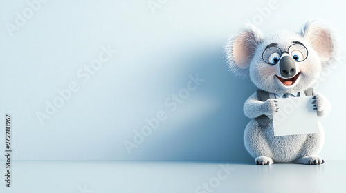 A cute cartoon koala holding a blank sheet of paper, set against a light blue background, perfect for playful designs. photo