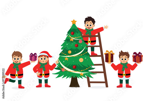 cute little girls and boys celebrate christmas, decorate the christmas tree