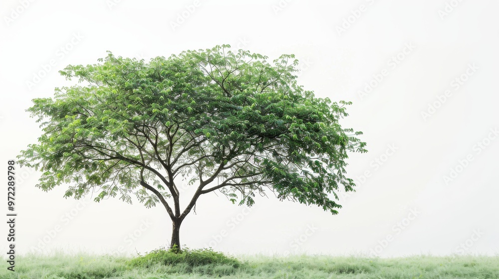 Fototapeta premium Solitary tree in misty green field