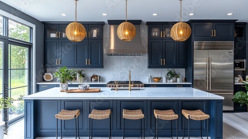 Modern kitchen with blue cabinets, white countertop, and pendant lights.